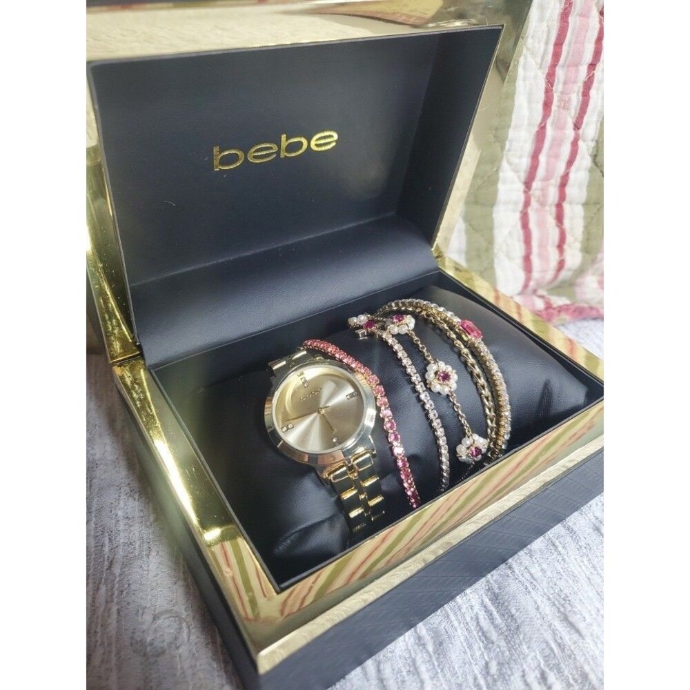 BEBE Women’s Gold Watch Set with 5‎ Bracelets Fashion Jewelry New